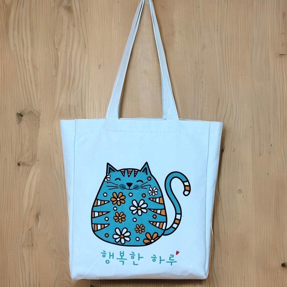 K-Pop Tote Bag White Flannel Fabric Material Cute Cat Design - Picture 4 of 7